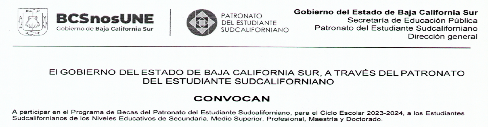 Convocatoria del Programa de Becas del Patronato del Estudiante Sudcaliforniano - Ciclo escolar 2023-2024 - SLIDE